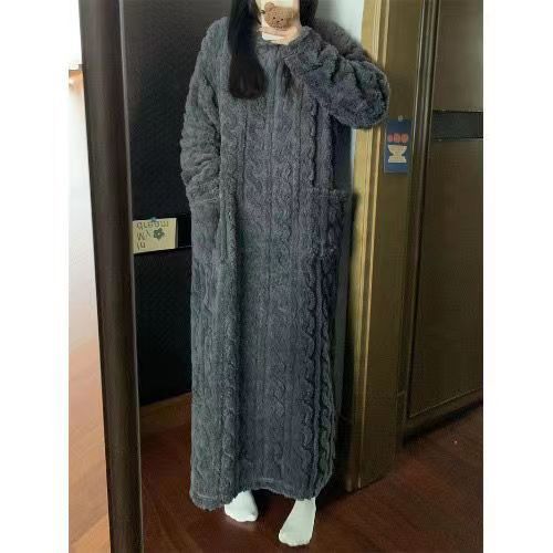 Winter Coral Fleece Sleepwear Women's Nightgown Long Night Dress Pajamas With Pockets Thickened Jacquard Dress Warm Home Clothes - Steellady