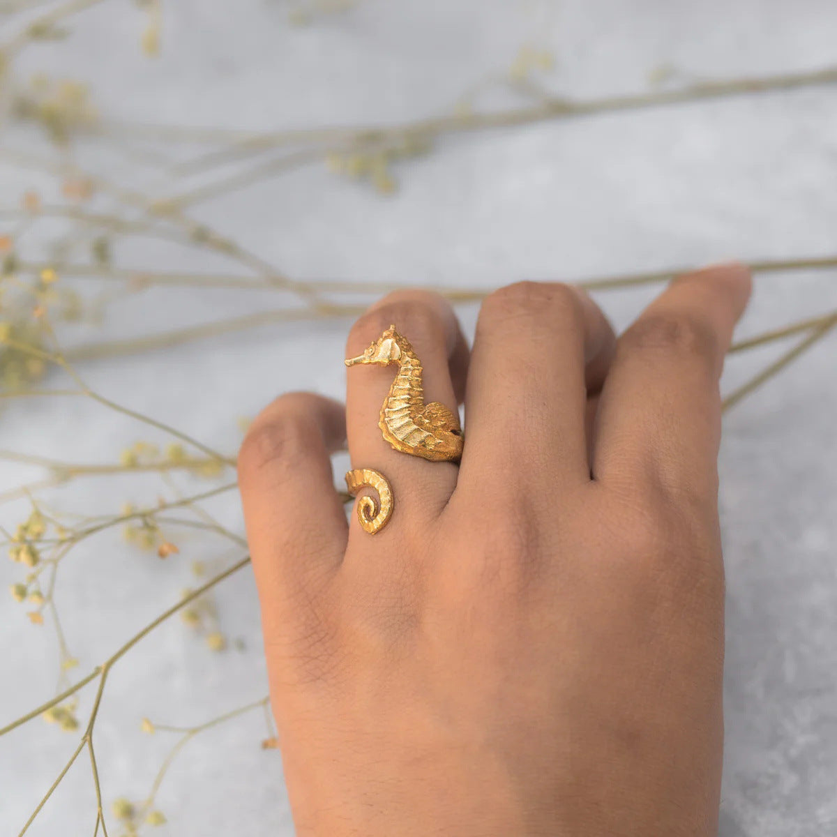 Ocean 18K Gold Stainless Steel Seahorse Opening Ring - Steellady