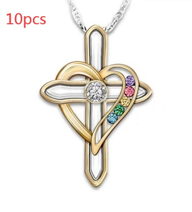 Cross Love Colorful Imitatio Gemstone Pendant Alloy Clavicle Chain - Steellady