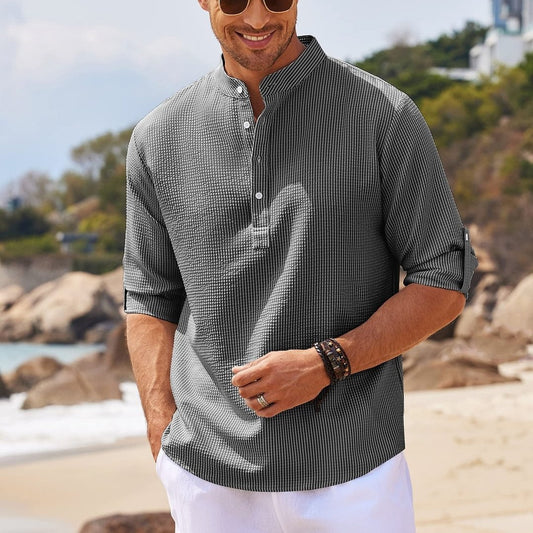 Men's Casual Shirt Long Sleeve Stand Collar Solid Color Shirt Mens Clothing - Steellady