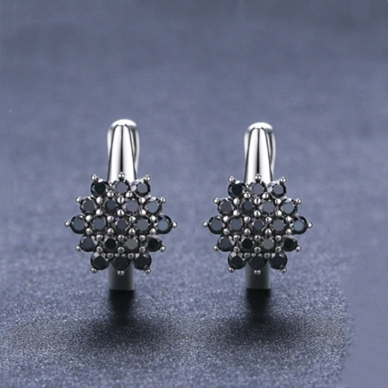 Korean Style Simple Copper Vintage Black Zircon Flower Stud Earrings - Steellady