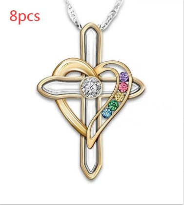 Cross Love Colorful Imitatio Gemstone Pendant Alloy Clavicle Chain - Steellady