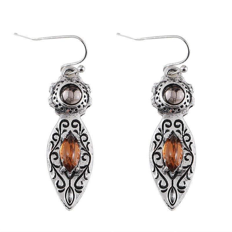 European And American New Retro Pattern Two-tone Gemstone Earrings - Steellady