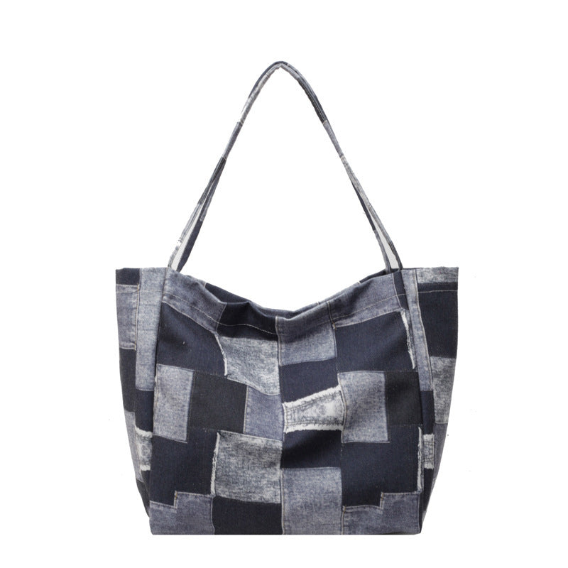 Women's Large Capacity Denim Color-contrast Check Idle Style Shoulder Commute Leisure Handbag Versatile Tote Bag - Steellady