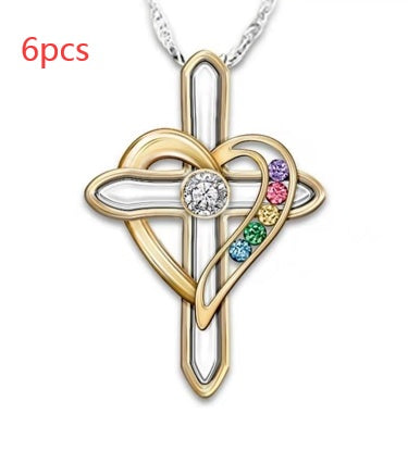 Cross Love Colorful Imitatio Gemstone Pendant Alloy Clavicle Chain - Steellady