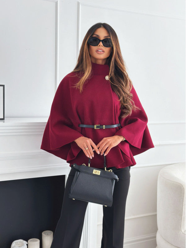 New Stand Collar Batwing Sleeves Cloak Top With Belt Ins Fashion Temperament Jacket Woolen Sweater Outwear For Women Clothing - Steellady