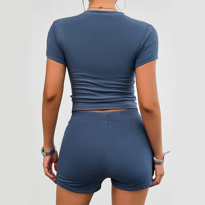 Solid Color Slim Sports Suit Summer 2Pcs Short-sleeved Round Neck T-shirt And Elastic Shorts Fashion Womens Clothing - Steellady