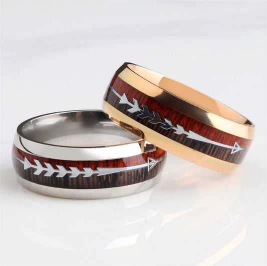 Stainless Steel Wood Grain Arrow Inlaid Ring - Steellady